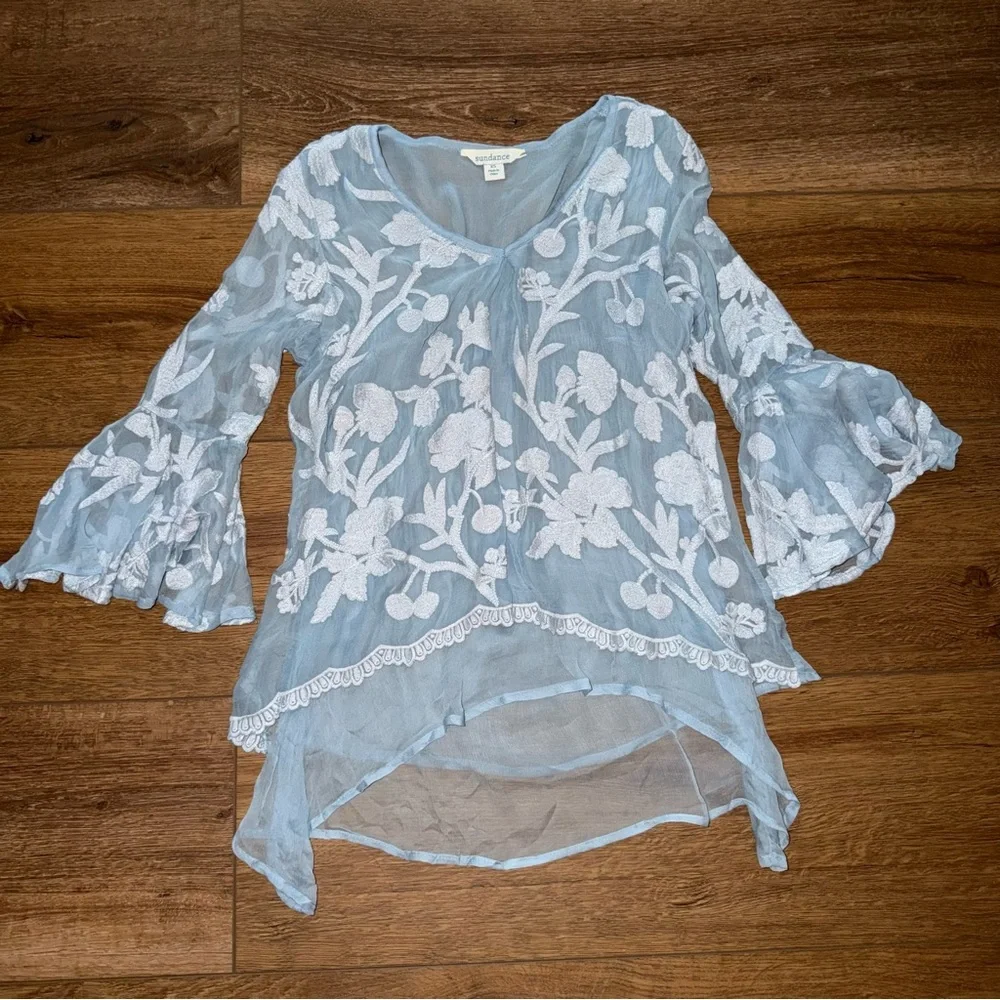 NWOT 100% Silk Sundance Embroidered Light Blue White Bell Sleeves Size XS - Picture 5 of 5